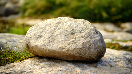 A smooth, gray rock rests on a bed of smaller stones, with green foliage in the background.