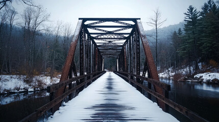 Fototapeta premium A snow-covered wooden bridge over a river, with trees on both sides. The bridge is made of metal and wood, and it is a very old structure.