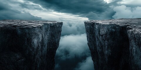 Dramatic landscape featuring a deep canyon with rocky cliffs under a moody sky, creating a sense of depth and vastness.