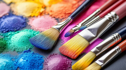 Obraz premium Artist's brushes are arranged on a colorful palette, featuring a spectrum of vibrant paint hues for artistic creation