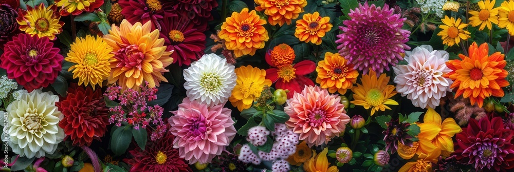 Poster brightly colored chrysanthemums and dahlias flourish in an autumn garden, creating a lively display 