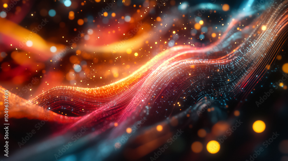 Poster a colorful array of data streams flows through a digital environment, illuminated by sparkling parti