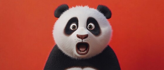 Fototapeta premium A surprised panda with wide eyes and an open mouth, set against a vibrant red background, conveying a sense of excitement and curiosity.