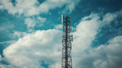 Obraz premium A tall cell phone tower against a bright blue sky with white clouds.