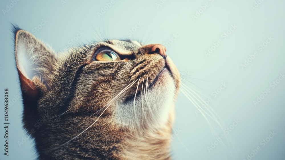 Poster a close-up portrait of a curious shorthair cat gazing upwards with soft fur details, isolated agains