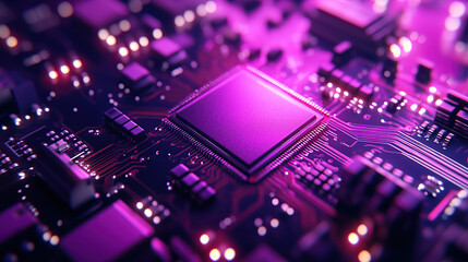 Obraz premium Close-up of a glowing microchip on a circuit board, with a chip in the middle
