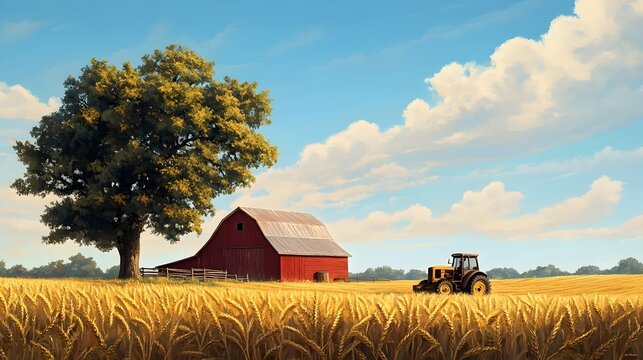 Peaceful Rustic Farmscape with Red Barn and Golden Wheat Field Under Cloudy Sky