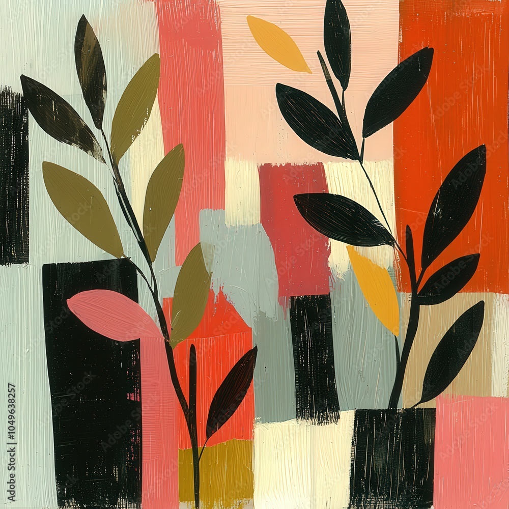 Poster artistic composition featuring abstract leaves and colorful shapes in modern design style