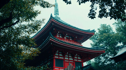 A traditional Japanese pagoda with red and white wooden structure and a curved roof. The pagoda is surrounded by green trees.