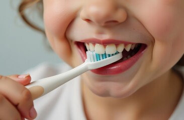 Cute child brushing teeth on light blue background, closeup.