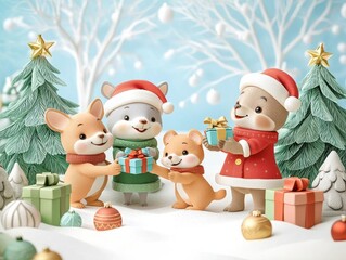 Whimsical Christmas forest with talking animals exchanging holiday gifts, enchanting scene, 3D cartoon illustration