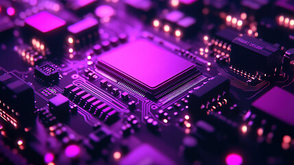 Obraz premium Close-up of a glowing microchip on a circuit board, with a chip in the middle