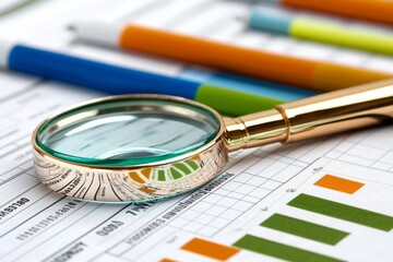 A magnifying glass and statistical analysis are used to collect and analyze data. Growth charts are created. Business reports and graphs are created.