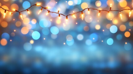Festive string lights illuminated against a soft blue bokeh background, creating a warm and...