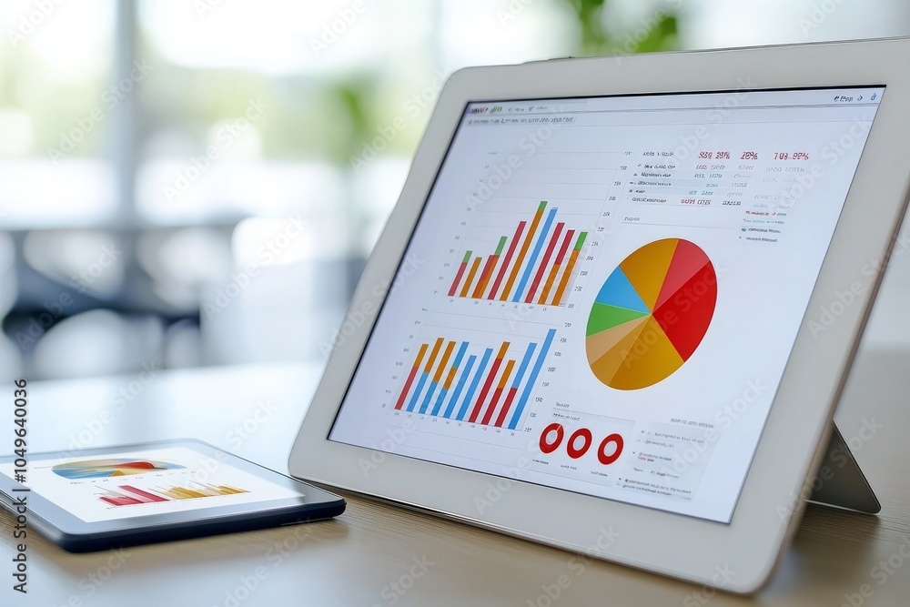 Aufkleber in a business document report on paper and tablet, a financial business growth graph appears on the 