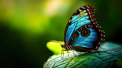 A vibrant blue Morpho butterfly with brown and red markings on its wings rests on a green leaf with a blurred green background.