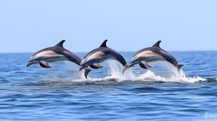 Obraz premium Three dolphins leap joyfully out of the blue ocean, creating a playful and vibrant scene of nature beauty and marine life.