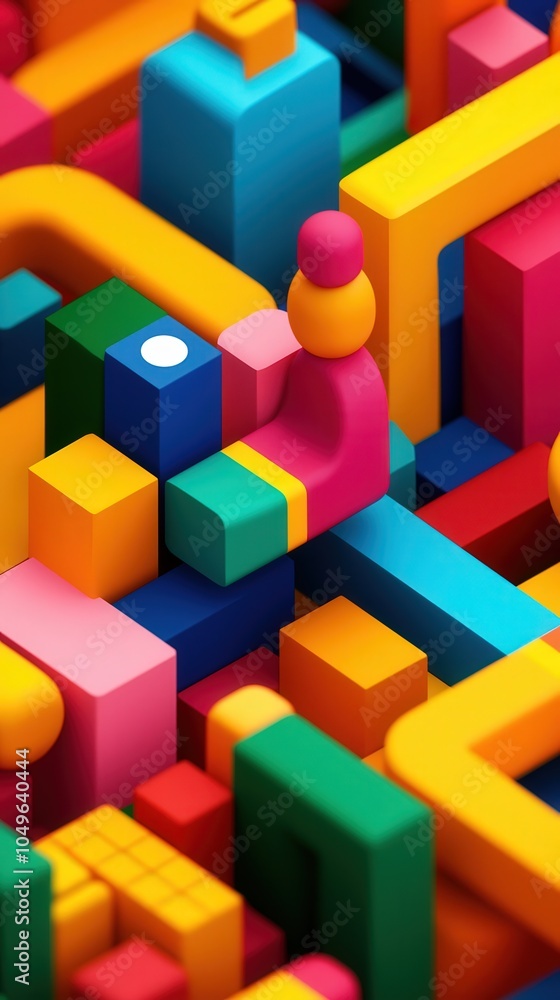 Poster vibrant abstract composition of colorful geometric shapes and figures in dynamic arrangement