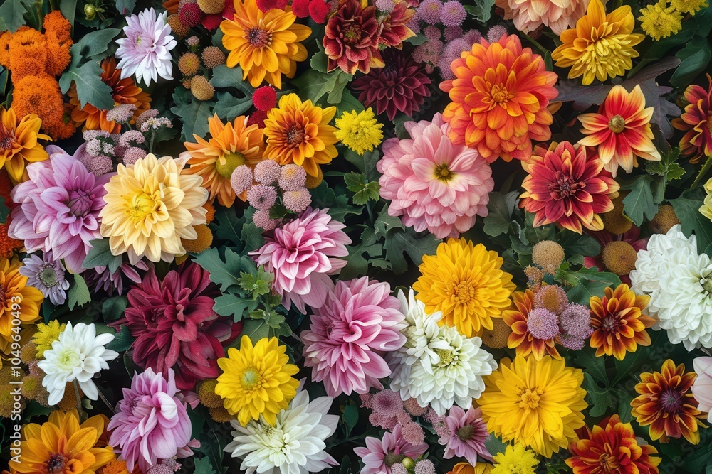 Aufkleber The garden showcases a lively array of blooming chrysanthemums and dahlias, creating a stunning display of autumn colors. Generative AI