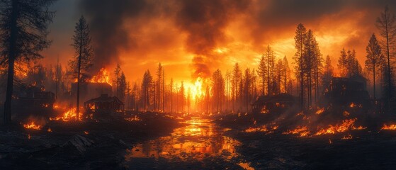 Devastated Community, charred structures stand as remnants of a once vibrant neighborhood, consumed by the relentless advance of wildfire flames.