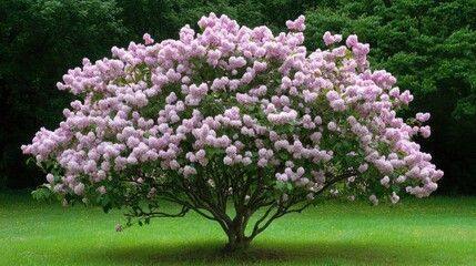 Obraz premium A large lilac bush covered in delicate blossoms, set outdoors with open space for springtime promotions or designs.