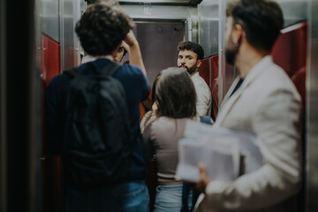 A group of students stands closely in a narrow school corridor, depicting a bustling and lively atmosphere. The scene captures the essence of daily student life and interactions.