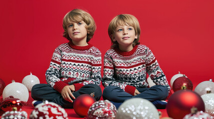 Caucasian twin boys sitting with Christmas decorations, wearing festive sweaters against a red backdrop.