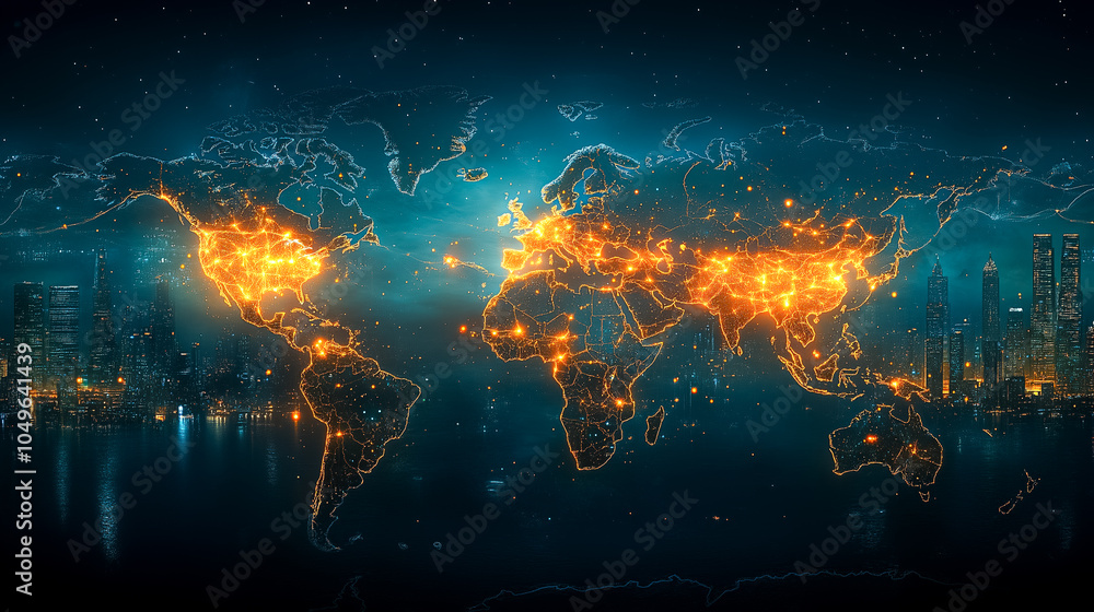 Poster ai nodes highlight global connections, creating a digital map of continents and cities for better co