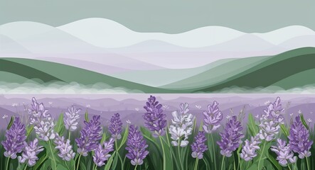 Fototapeta premium painting of a Lavender sage soft white capture delicate fog over flower fields