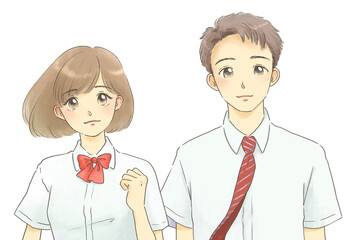 制服を着た男女のイラスト　ガッツポーズ