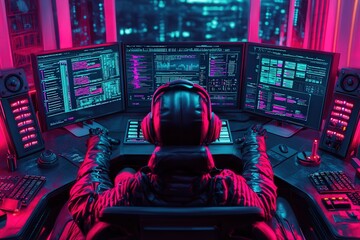 Exploring the Digital Frontier A Cybersecurity Enthusiast's High-Tech Workspace at Night