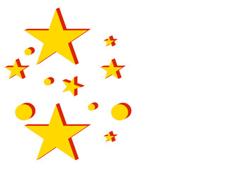 Obraz premium a collection of yellow stars and circles with red shadows, giving them a three-dimensional appearance. The stars and circles are scattered across the left side of the image, with varying sizes