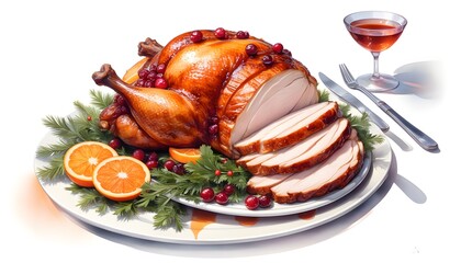Watercolor illustration of traditional Christmas dinner featuring sliced roast turkey, cranberries, and oranges with glasses of champagne against a white background