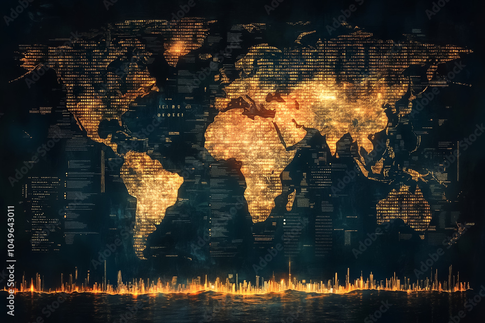 Poster a vibrant abstract world map constructed from luminous binary code showcases a digital landscape of 