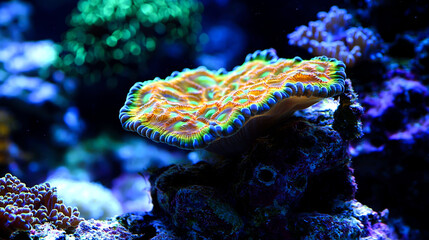 Obraz premium A vibrant orange and green coral reef, with a blue rim, in a saltwater aquarium.