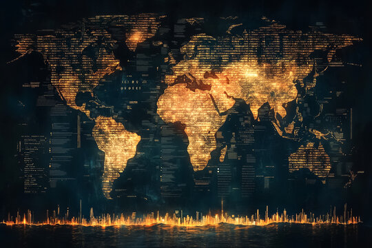 A vibrant abstract world map constructed from luminous binary code showcases a digital landscape of interconnected data