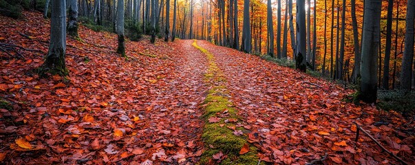 Golden light illuminating a forest floor covered in vibrant red and orange leaves