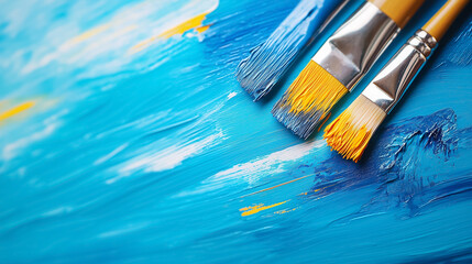 Obraz premium Close-up view showcases artist's brushes coated in bright blue and yellow paint, capturing the essence of creativity