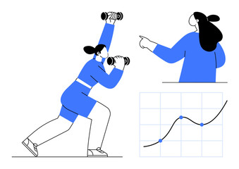 Woman lifting dumbbells during a workout, instructor pointing at a growth chart with upward trend. Ideal for fitness, health, coaching, progress tracking, and personal growth themes. Modern
