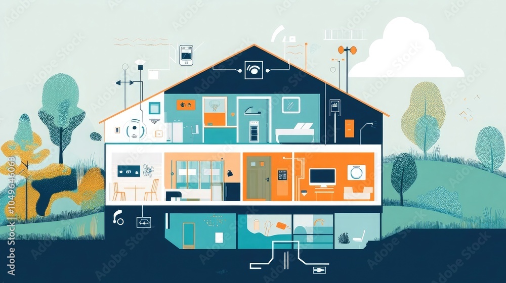 Poster abstract banner featuring a smart home controlled by iot devices through a wireless digital network