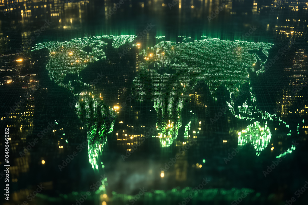 Poster the world map appears in vibrant green binary code against a dark city backdrop, symbolizing digital