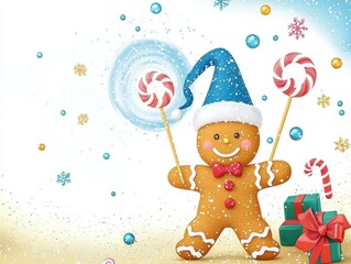 Naklejka premium Gingerbread man magician casting Christmas spells, candy and snow swirling around, cute 3D cartoon illustration