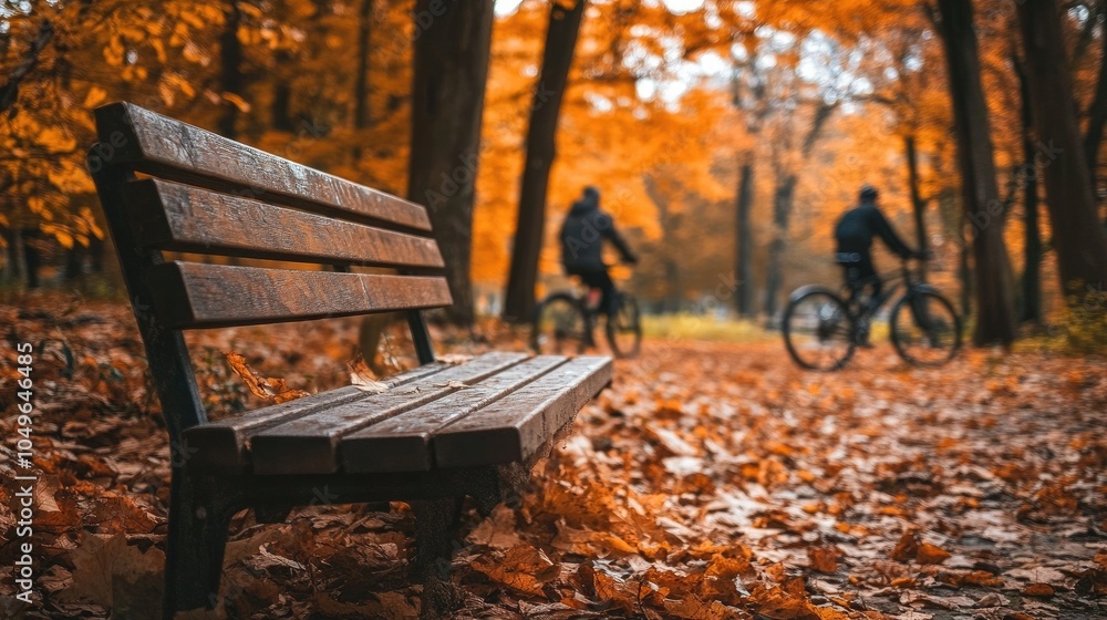 Poster autumn forest scene with empty wooden bench and cyclists in the background
