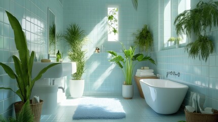 Tranquil Bathroom with Natural Light and Greenery