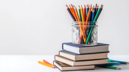 Fototapeta premium Books stacked with jar of colorful pencils on white background