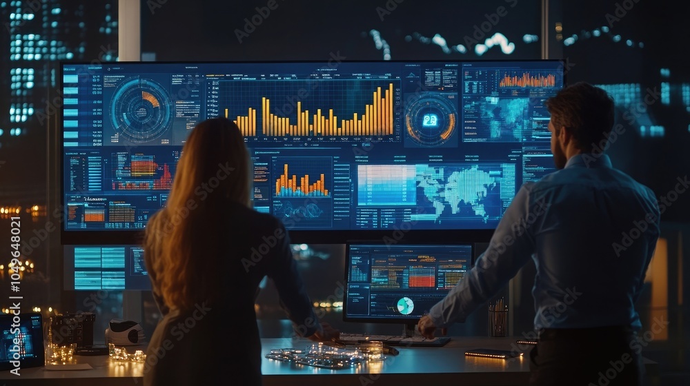 Poster business data analysis concept with team analyzing financial graphs on a virtual screen