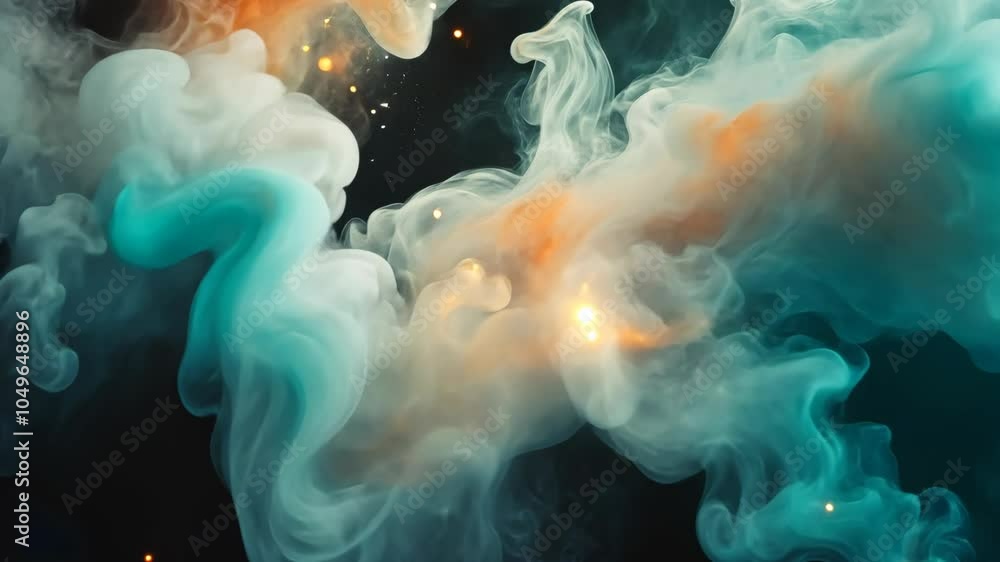 Poster abstract swirls of teal and orange ink create a mesmerizing visual against a black background