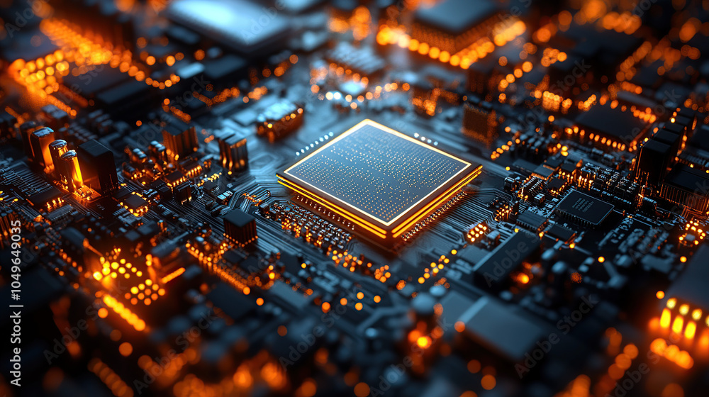 Poster close-up of a glowing microchip on a circuit board, with a chip in the middle