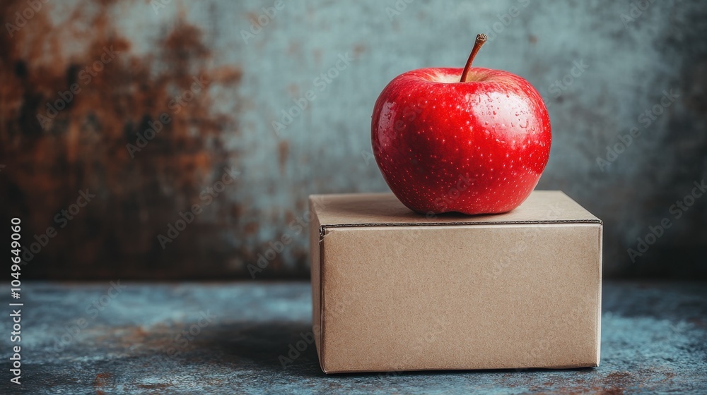 Poster a vibrant red apple perched atop a simple brown box, creating a striking contrast in a rustic settin
