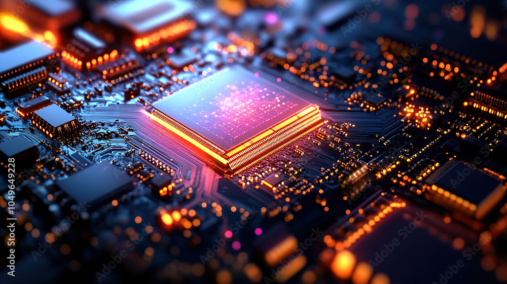 Poster close-up of a glowing microchip on a circuit board, with a chip in the middle